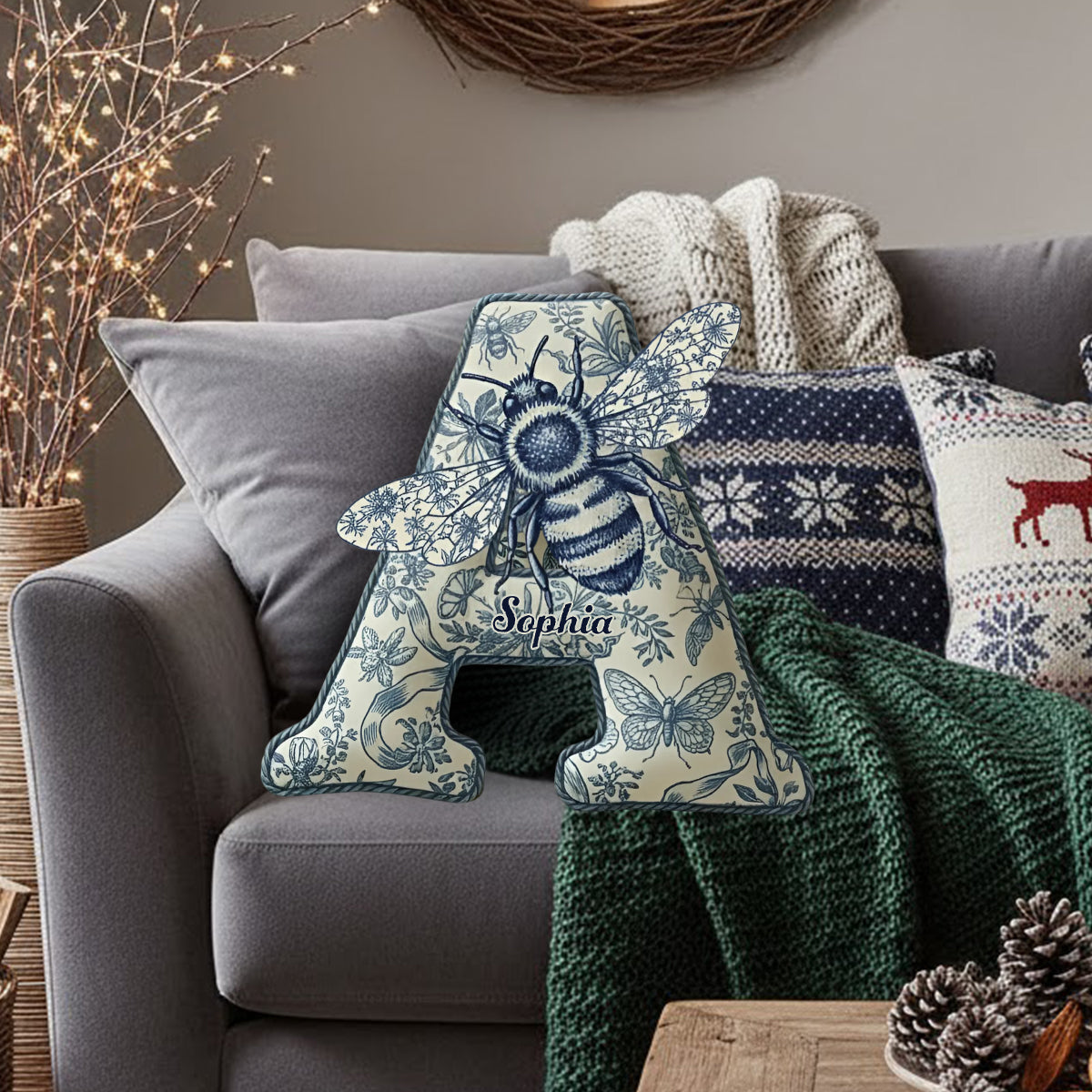 Bee Toile De Jouy - Personalized Bee Faux Fur Shaped Pillow
