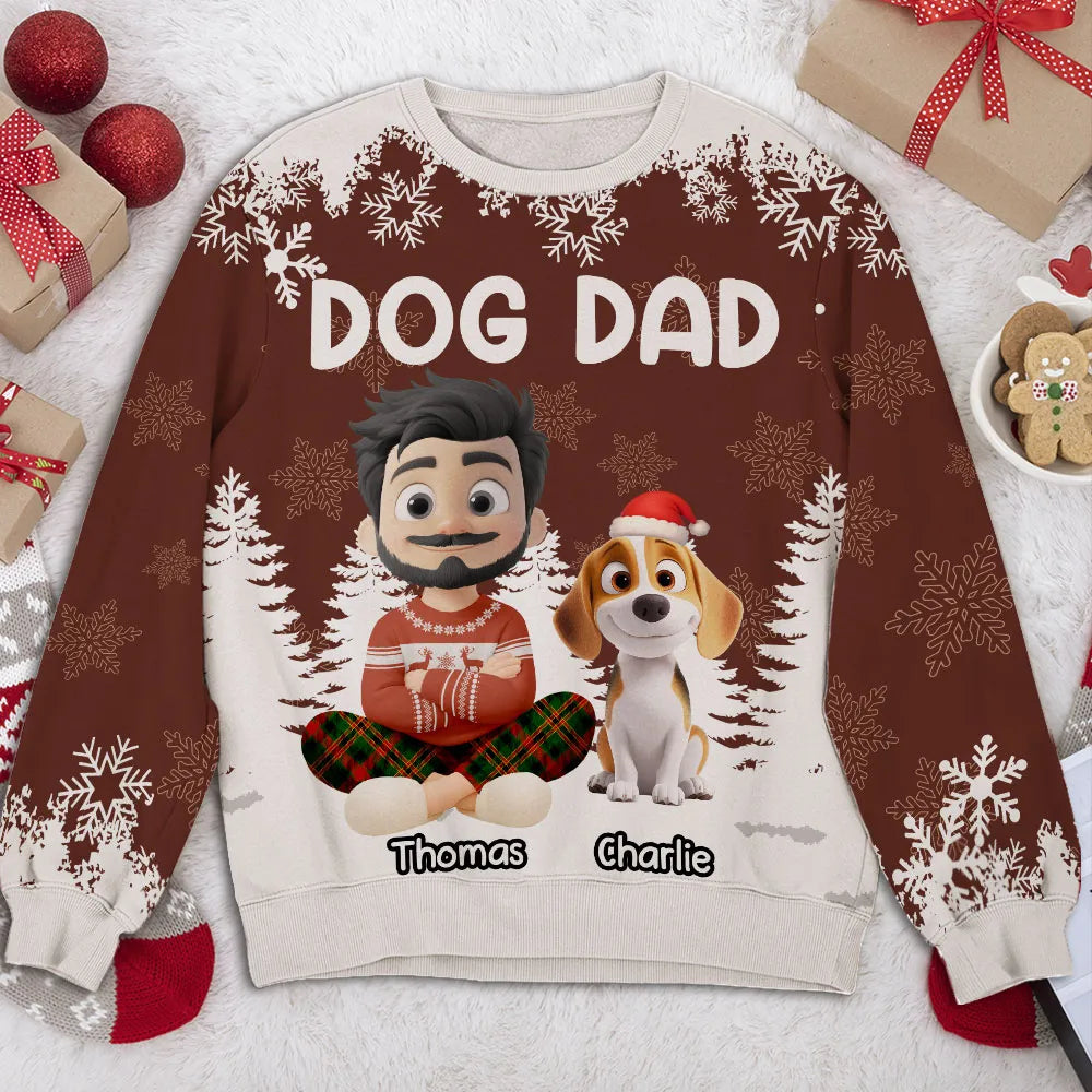 Personalized Dog Dad Printed Sweatshirt with Custom Cartoon Man and Puppy, Cozy Christmas Gift for Proud Pet Lovers