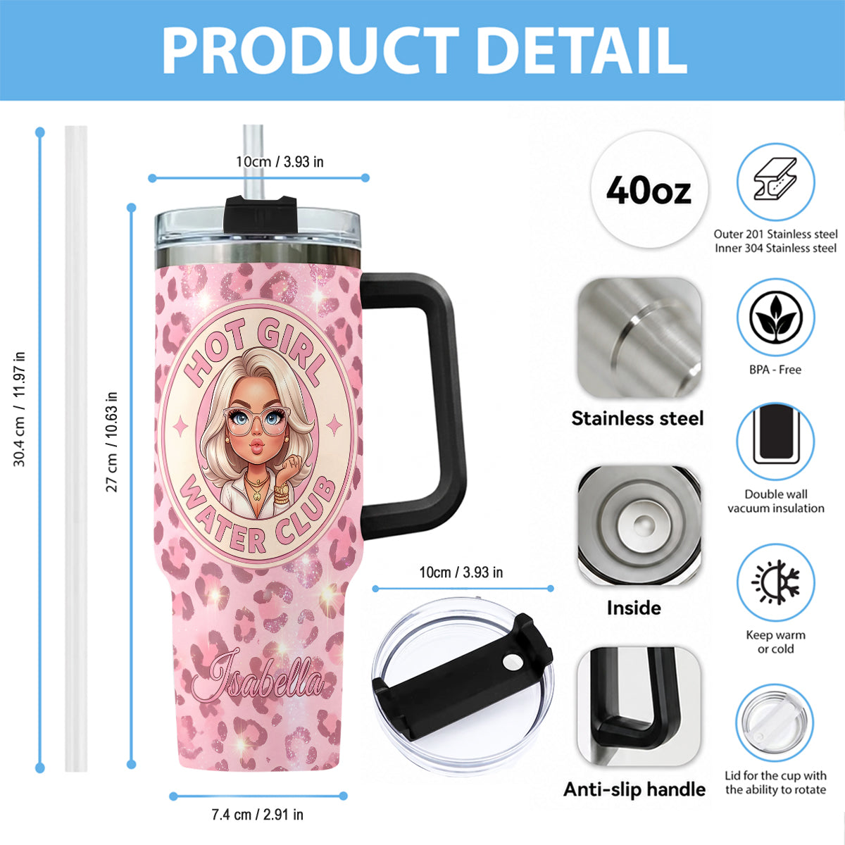 Hot Girl Water's Club, Gift for Women - Personalized Self love Tumbler With Plush Charm