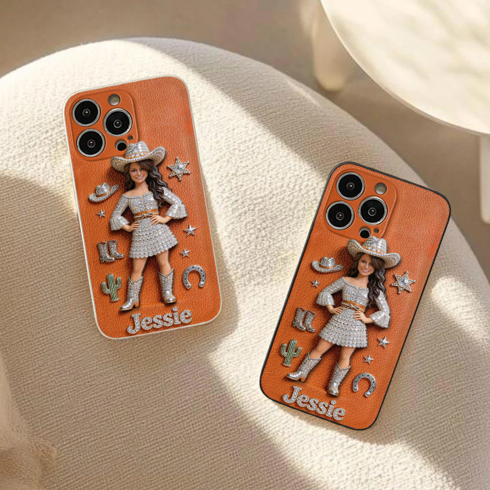 Cowgirl Spirit - Personalized Cowgirl 3D Embossed Leather Phone Case