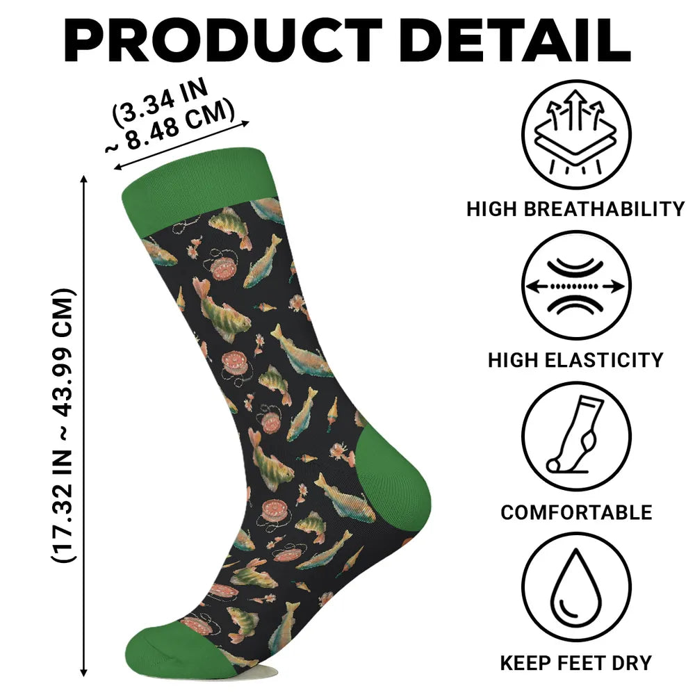 Personalized Fishing Crew Socks with Custom Name, Lucky Fisherman Gift, Funny Vibrant Fish Design