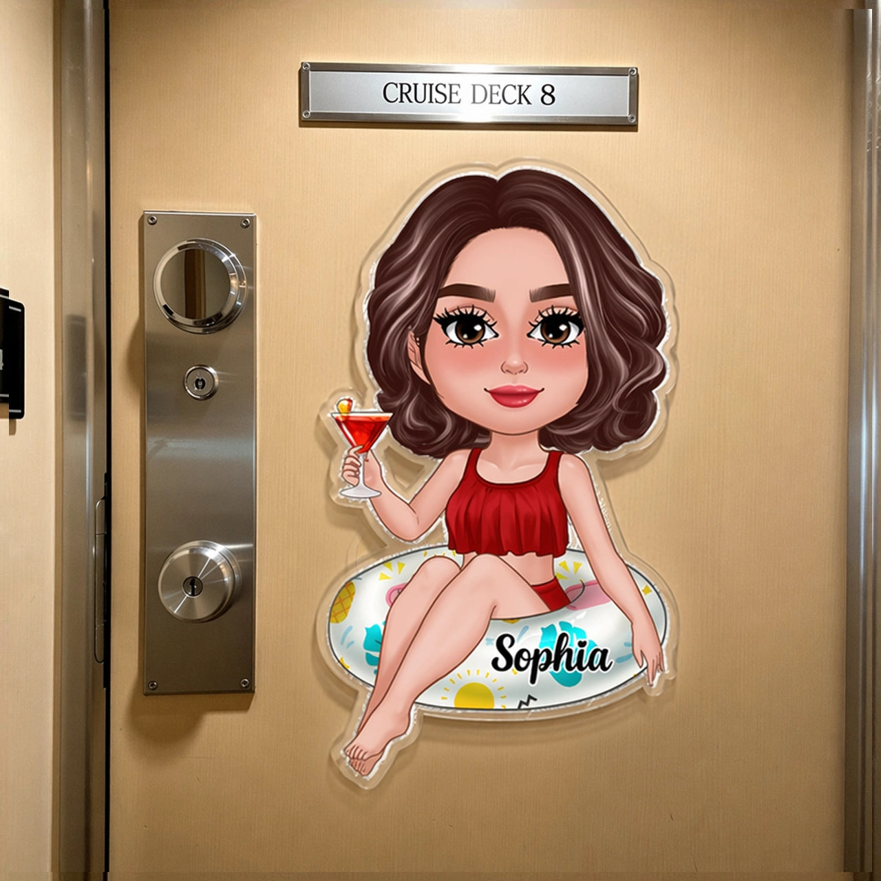 Personalized Cruise Door Acrylic Magnet, Cute Girl on Pool Float with Cocktail, Unique Girls Trip Cabin Gift
