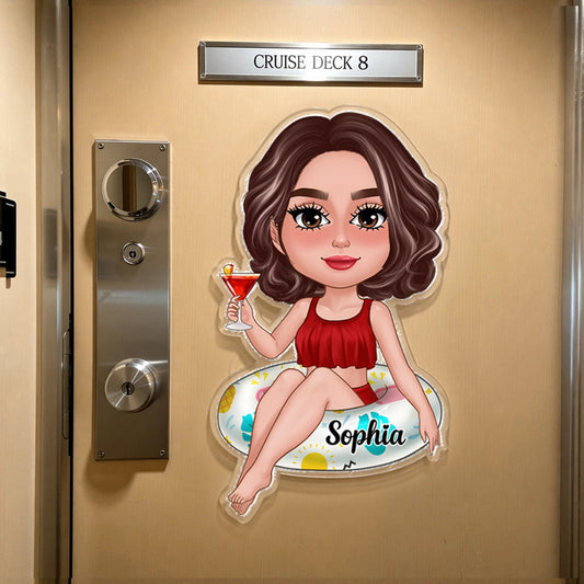 Personalized Cruise Door Acrylic Magnet, Cute Girl on Pool Float with Cocktail, Unique Girls Trip Cabin Gift