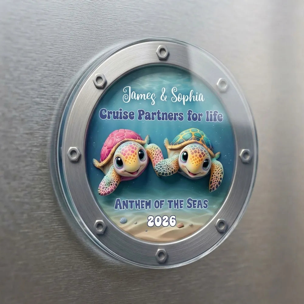 Acrylic Magnet Personalized for Cruise Partners, Colorful Turtle Porthole Design, Sweet Gift Idea for Wife or Husband