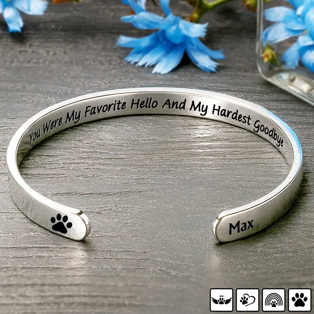Personalized Stainless Steel Cuff Bracelet With Pet Paw Print Quote, Unique Pet Memorial Gift For Dog Lovers