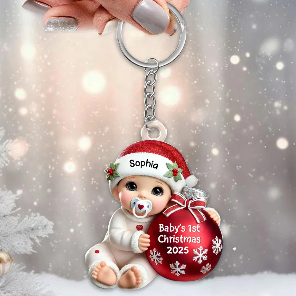 Personalized Acrylic Keychain for Baby's First Christmas, Cute Snowy Ornament Design, Sweet Keepsake & Unique Christmas Gift
