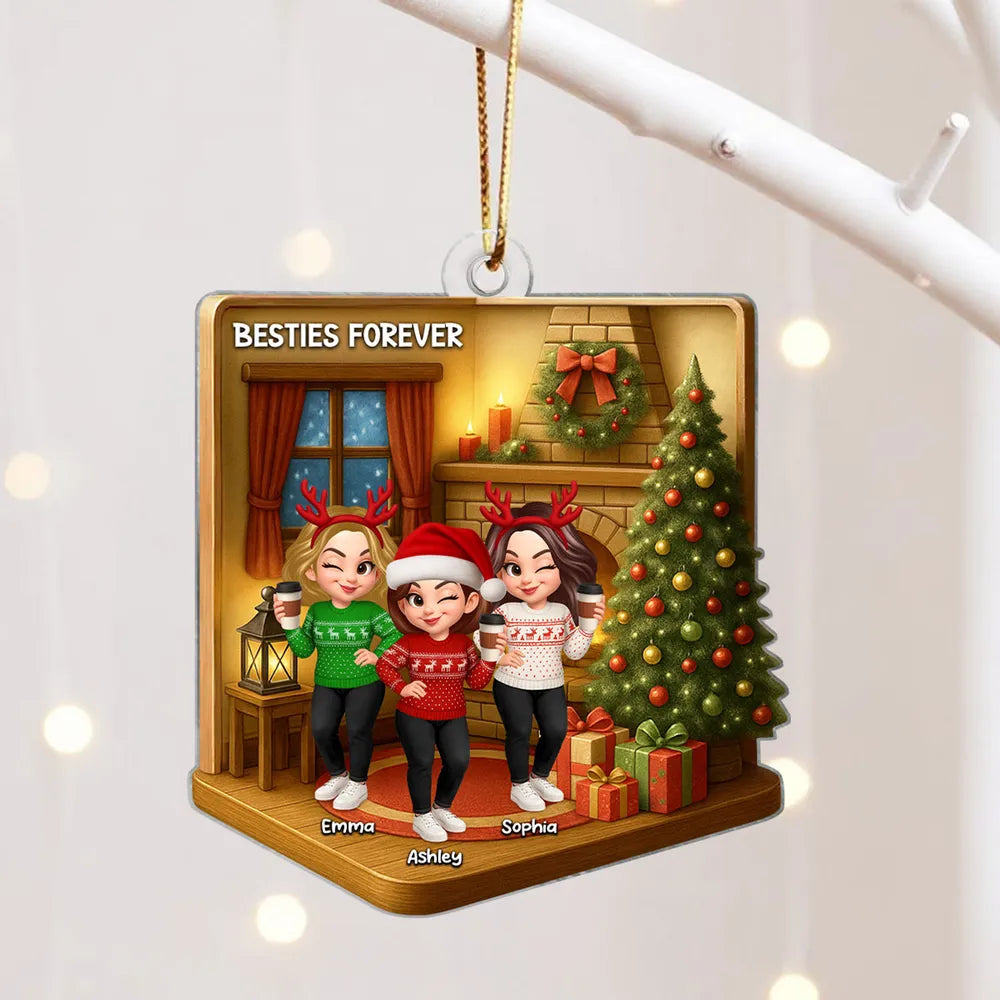 Custom Best Friends Christmas Ornament - Cozy Fireplace Design