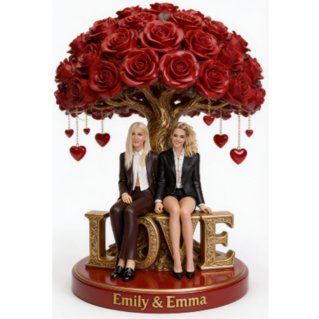 Custom Lesbian Couple Figurine Statue under Red Rose Tree, Engraved Name, Romantic Same Sex LGBT Anniversary Wedding Gift Home Decor