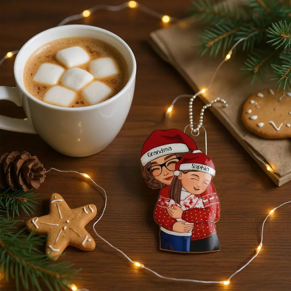 Acrylic Ornament with Grandma & Granddaughter Hug Design, Christmas Sweater Style, Clear Print, Perfect Holiday Gift