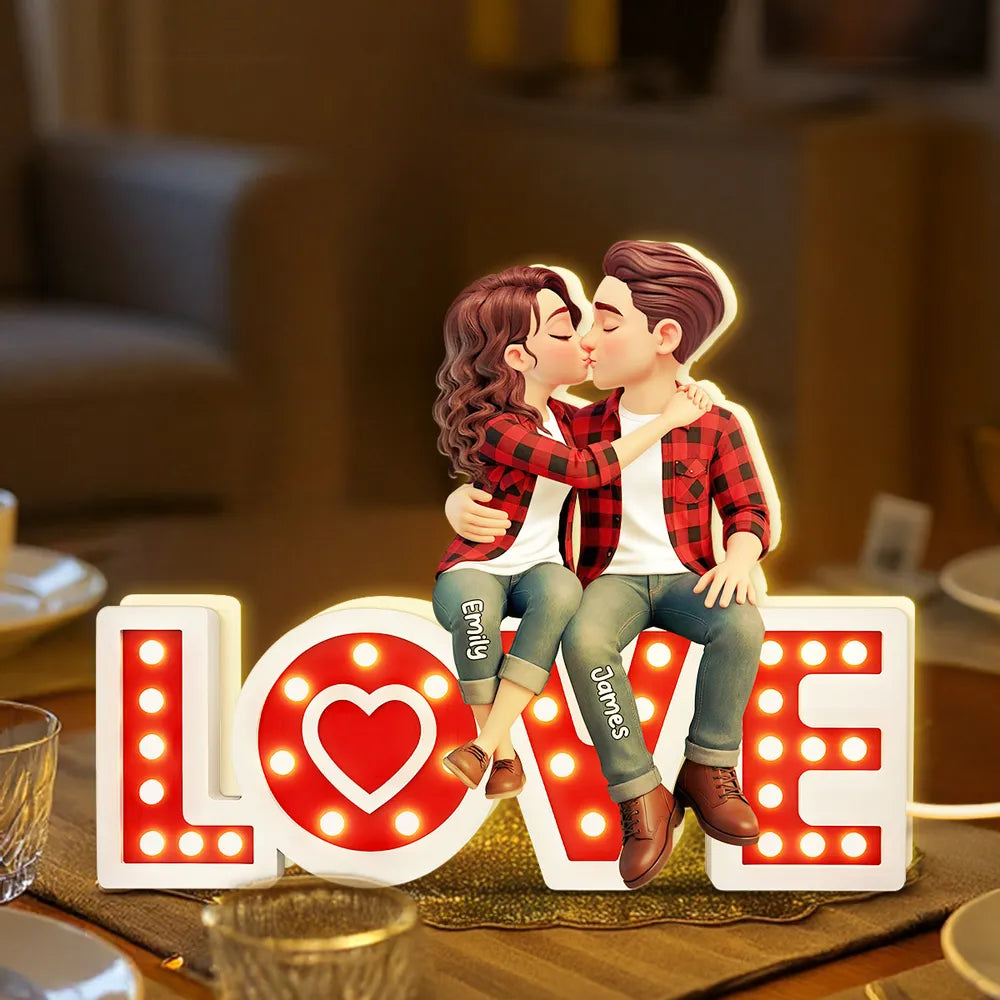 Personalized Acrylic Light Box Kissing Couple on LOVE Sign, Cozy Warm Glow Bedroom Decor, Unique Gift for Him or Her