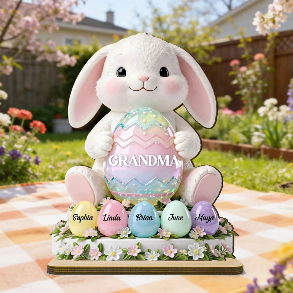 2-Layer Wooden Plaque Personalized for Grandma - Cute Bunny with Pastel Eggs Easter Decor, Heartwarming Custom Gift