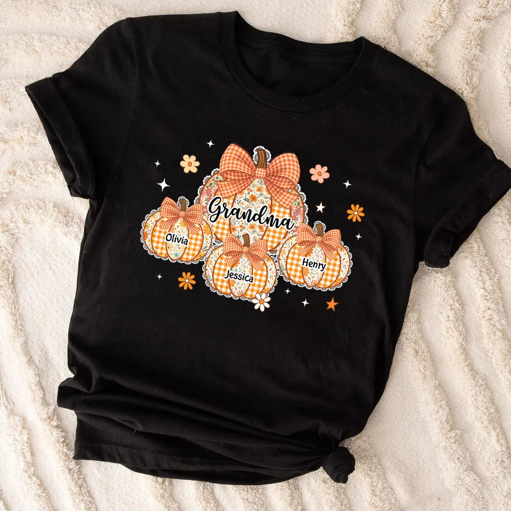 Grandma Pumpkin T-Shirt Personalized Family Names Autumn Theme Cozy Apparel Perfect Gift for Grandma