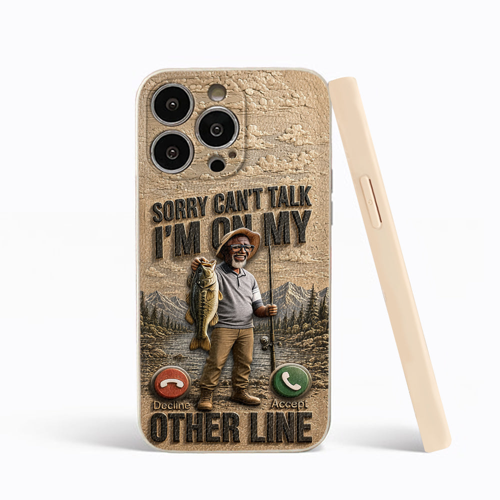 I'm On My Other Line, Fishing Lover Gift - Personalized Fishing 3D Embossed Leather Phone Case