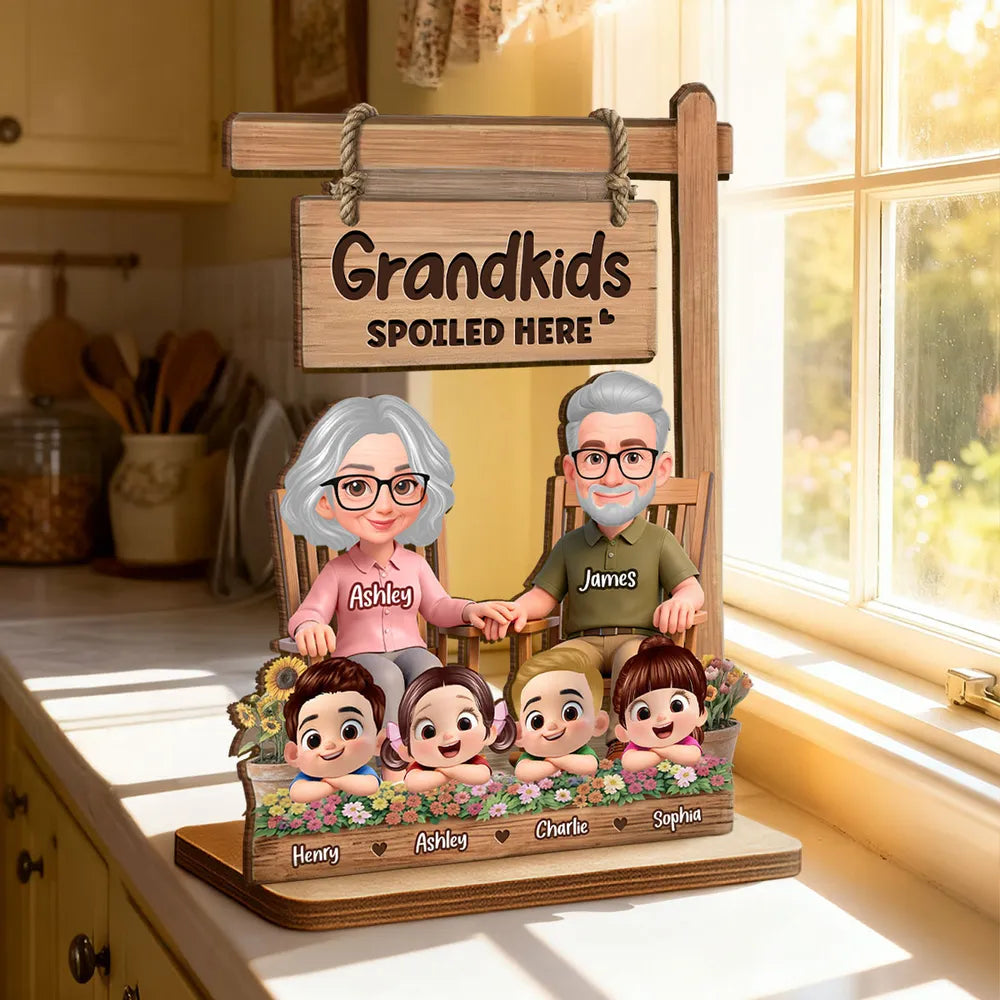 2-Layer Wooden Plaque for Grandma - Grandkids Spoiled Here Sign with Sweet Grandparent Scene - Creative Gift