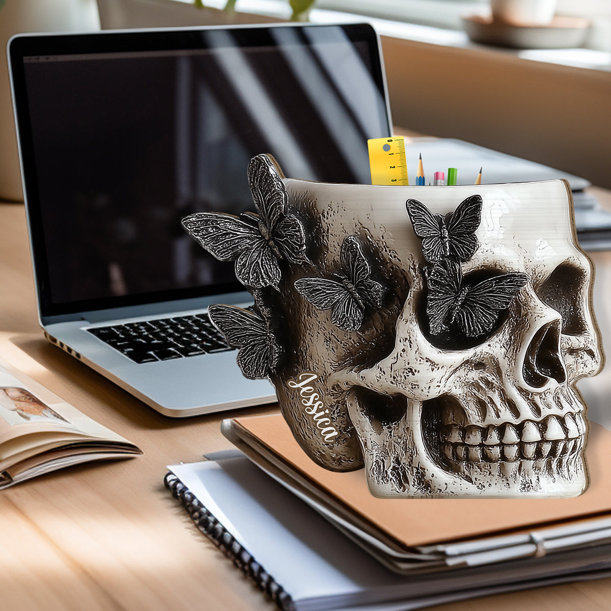Butterfly Skull - Personalized Skull Wooden Pen Holder