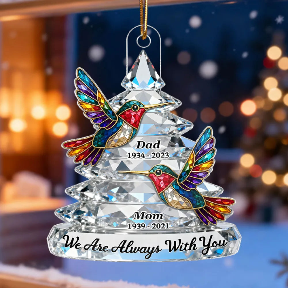 Personalized Memorial Acrylic Ornament with Colorful Hummingbirds, Christmas Tree Keepsake, Unique Sympathy Gift