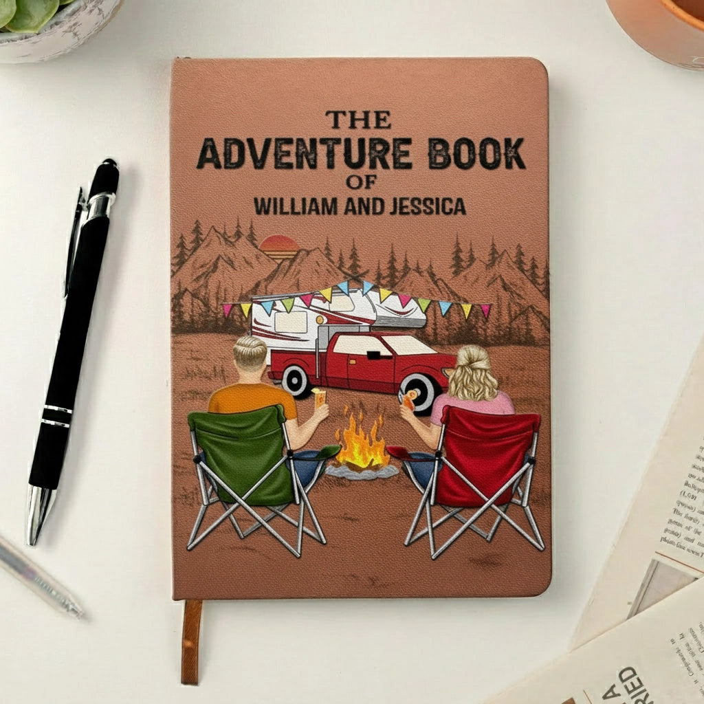 Personalized Leather Journal The Adventure Book Camping Couple by the Campfire Unique Gift for Him or Her