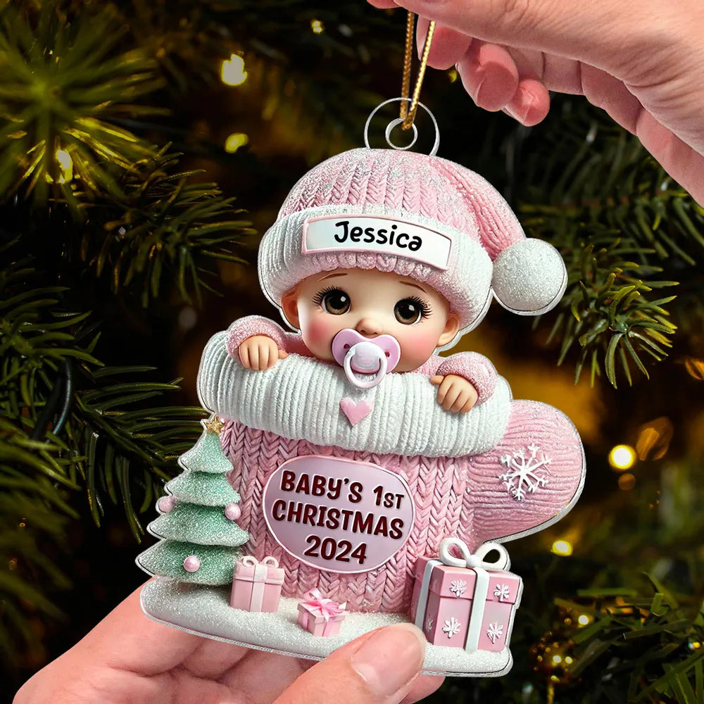 Baby in Mitten Acrylic Ornament, Pastel Knit & Snowflakes, Baby's First Christmas Keepsake, unique gift for new parents