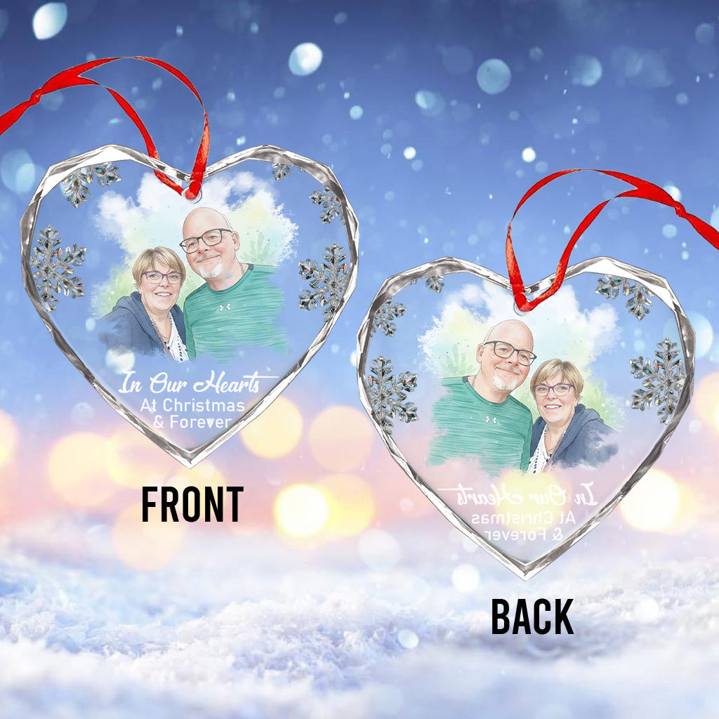 In Our Hearts At Christmas & Forever - Personalized Memorial Heart Shaped Glass Ornament
