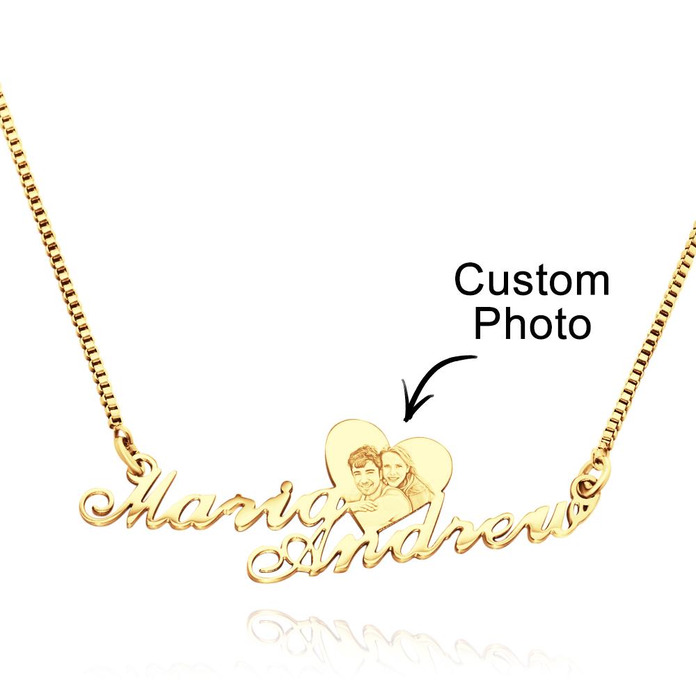 Engraved Heart Photo With Names - Personalized Couple Engraved Heart Photo Necklace