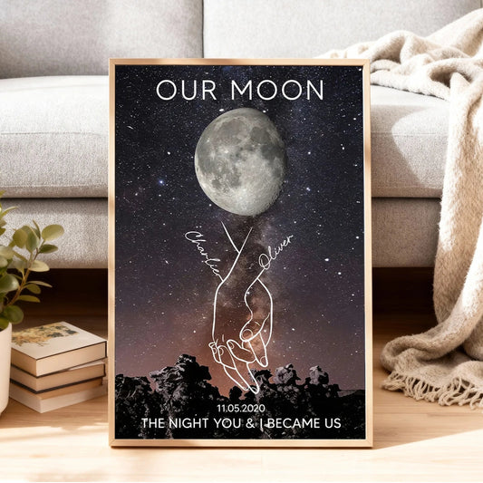Personalized Moon Phase Poster, Couple Holding Hands Line Art on Starry Sky Wall Art, Unique Romantic Gift