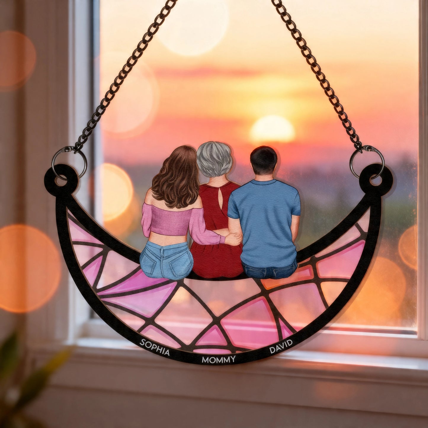 Personalized Wood and Acrylic Layered Ornament, Mom With Kids Sitting Together, Vibrant Suncatcher Style, Unique Gift For Mom
