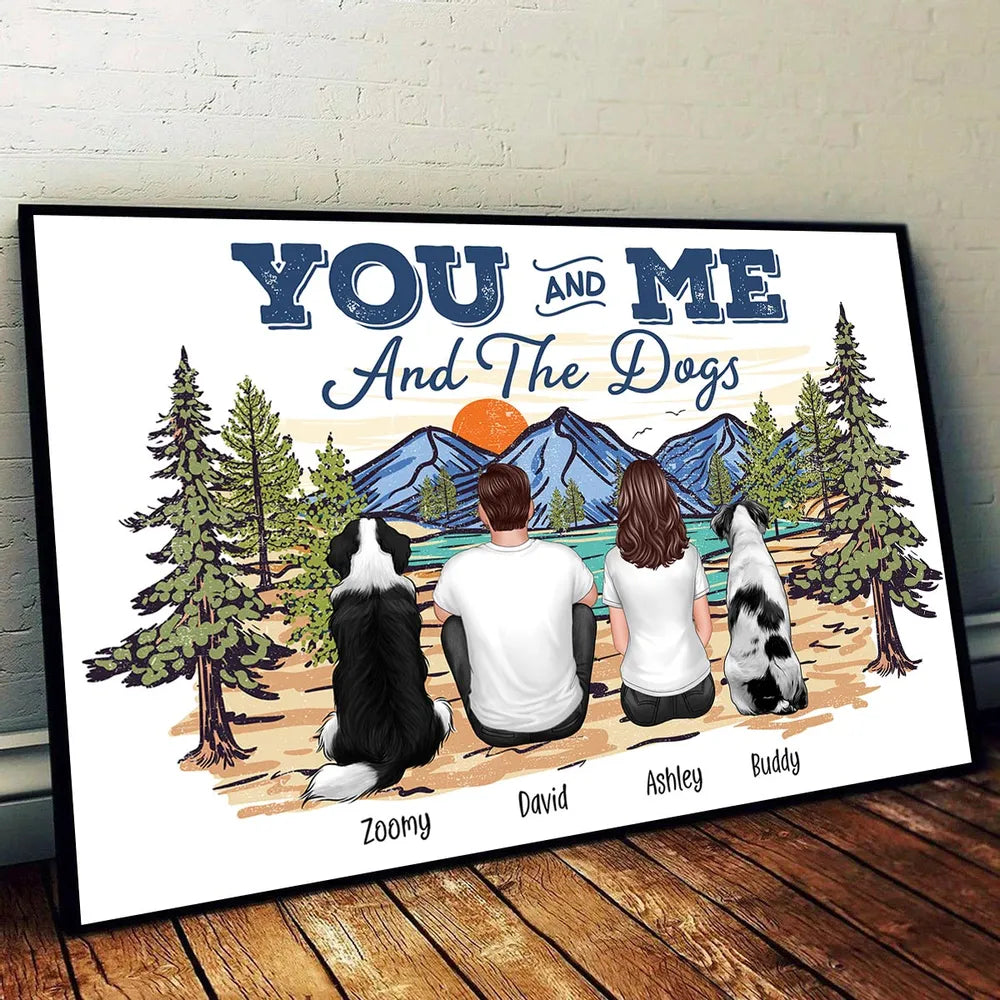 Couple with Dogs Poster Print, Scenic Mountain Landscape Design, Heartwarming Home Wall Art
