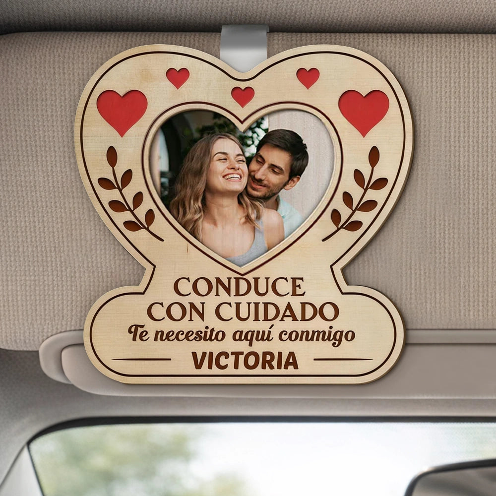 Personalized Heart Photo 2-Layer Wooden Car Visor Clip for Couples, Sweet Romantic Reminder, Unique Gift for Him or Her