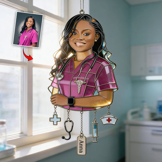Gift For Nurse - Custom Any Photo - Personalized Nurse Window Hanging Suncatcher With Charms