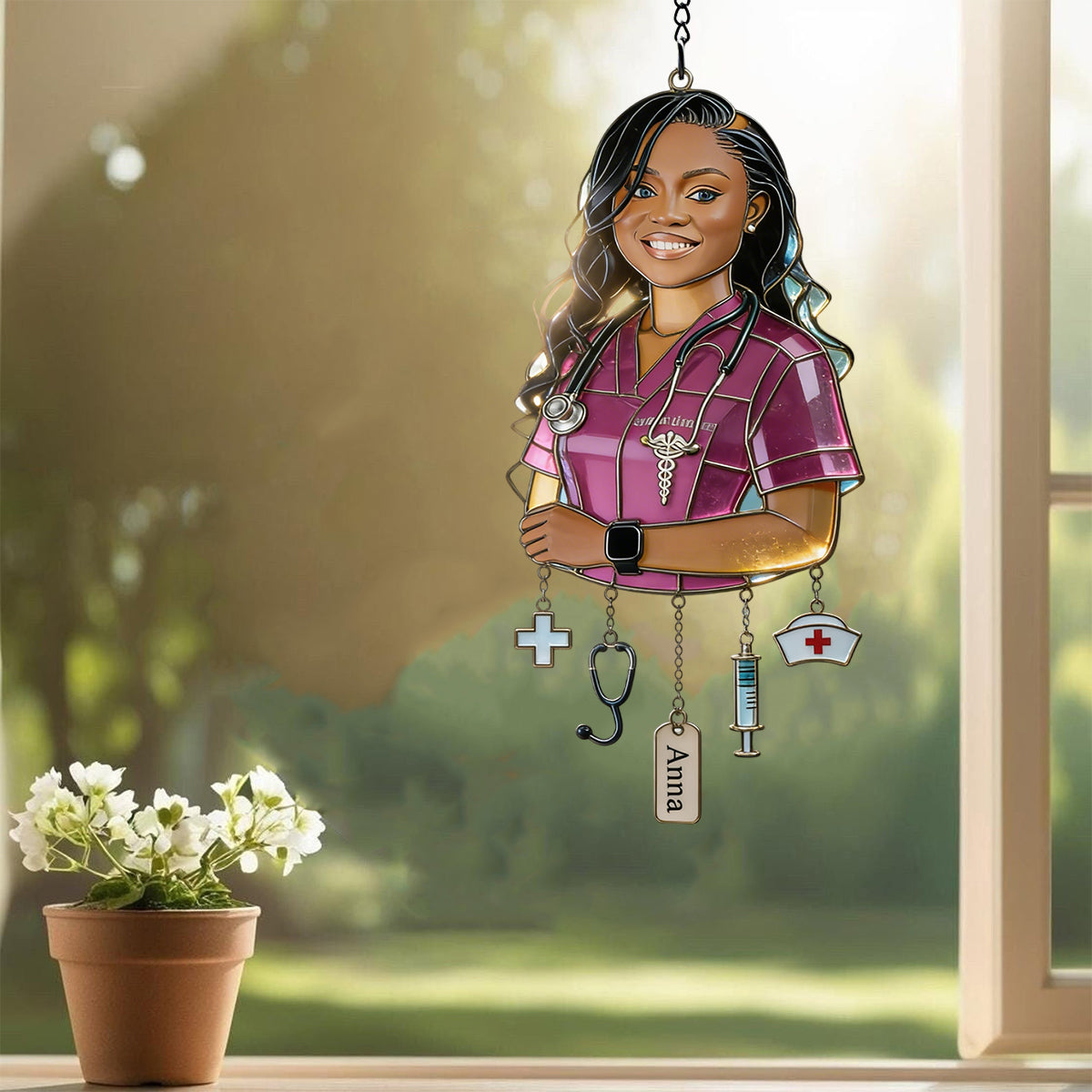 Gift For Nurse - Custom Any Photo - Personalized Nurse Window Hanging Suncatcher With Charms