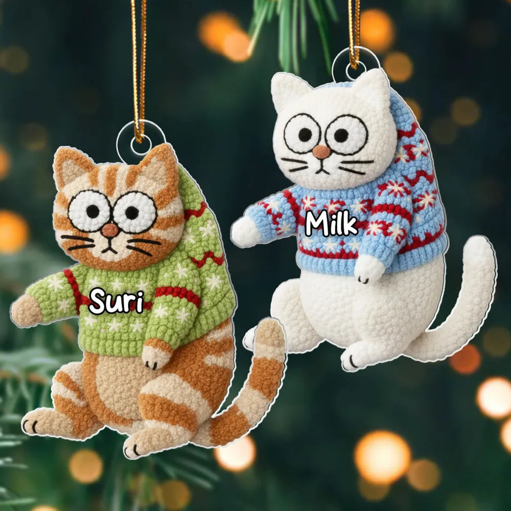 Personalized Cat Acrylic Christmas Ornament with Cozy Latch-Hook Look Sweater – Cute Holiday Gift for Cat Lovers