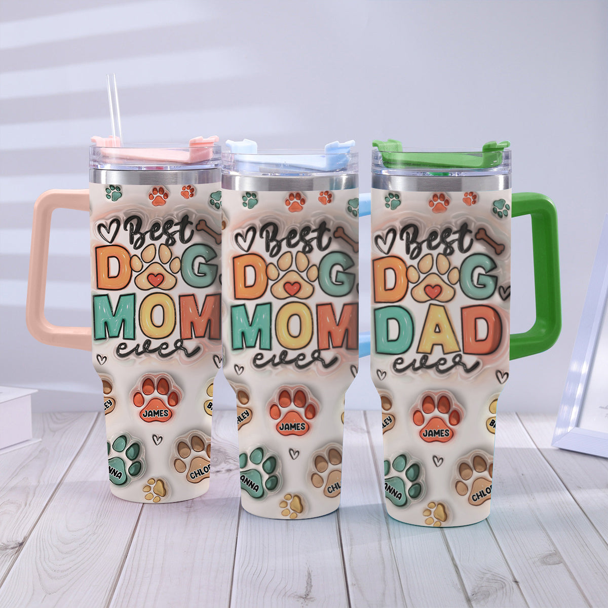 Best Pet Mom/ Pet Dad Ever Inflated Paws - Personalized Dog Tumbler With Handle