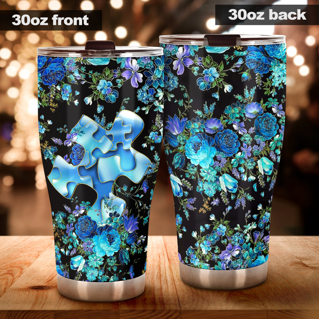 Blue Floral Puzzle Autism Awareness Tumbler 0622