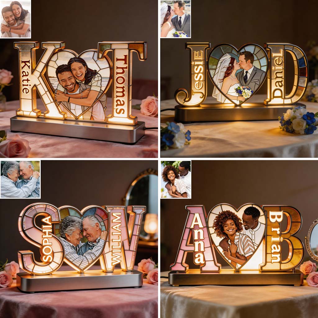 Custom From Photo, Initial Letters And Heart - Personalized Couple Acrylic LED Night Light