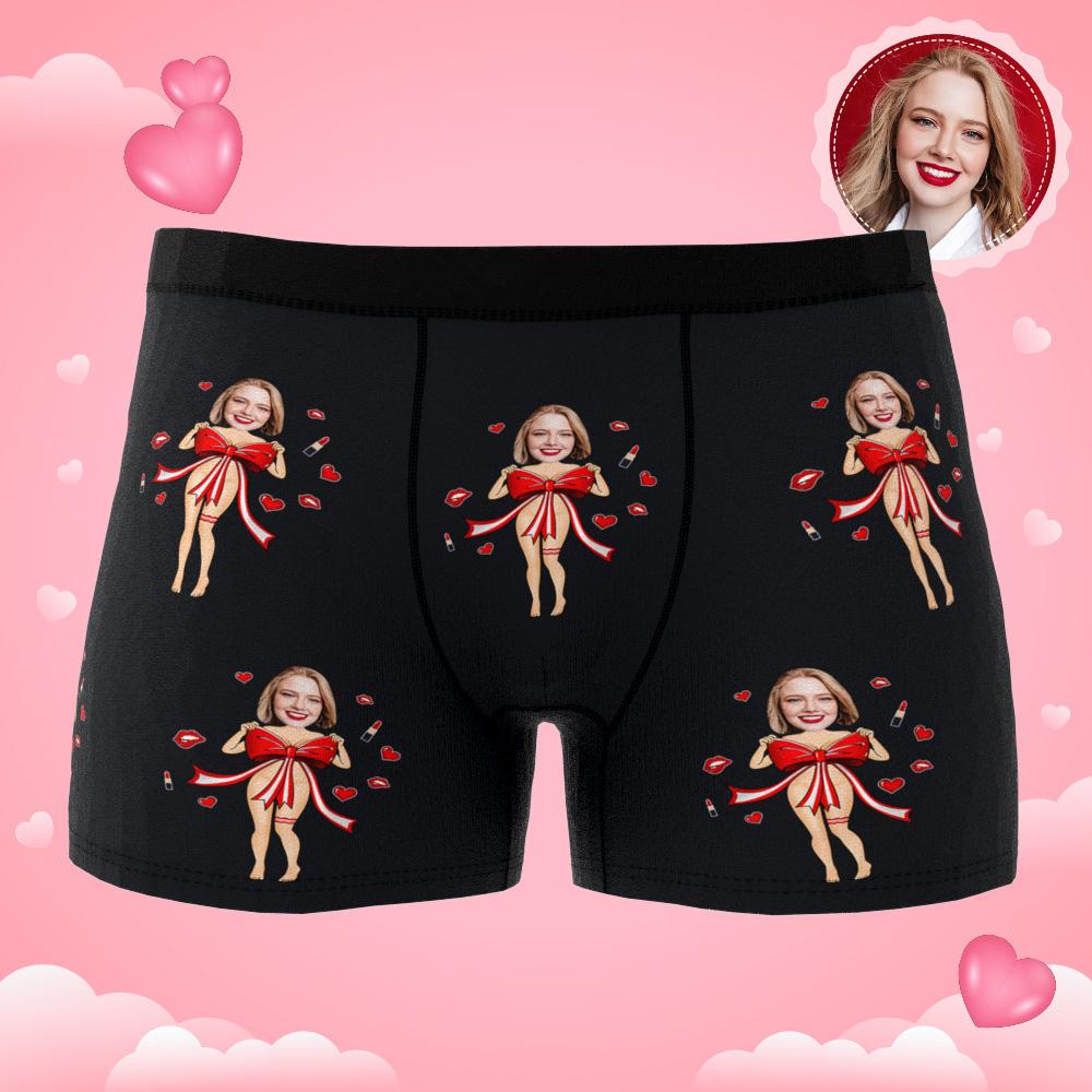 Custom Photo Boxer Red Bow AR View - Personalized Couple Men's boxer briefs