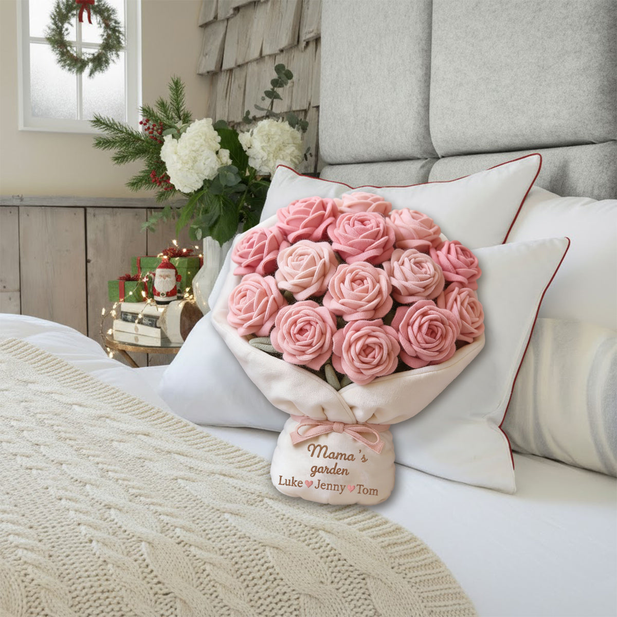 Grandma's Garden Lovely Flowers Red Rose Bouquet - Personalized Grandma Faux Fur Shaped Pillow