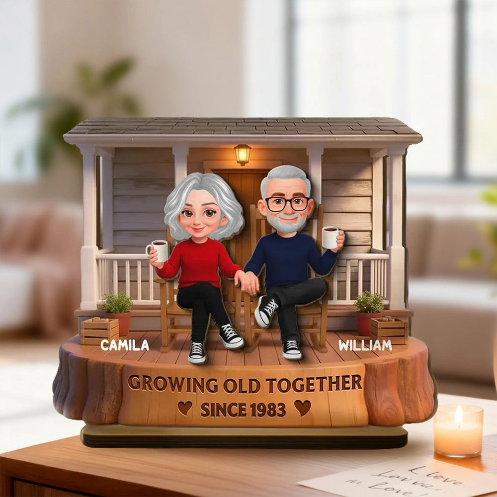 Personalized 2-Layer Wooden Plaque, Couple Holding Hands on a Cozy Front Porch, Growing Old Together, Unique Gift for Him & Her