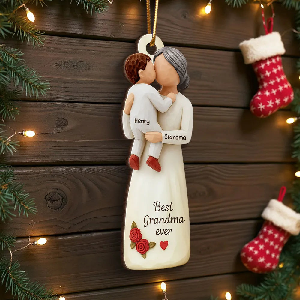 Wooden Ornament - Personalized Grandma & Grandchild Hug, Holiday Tree Decor, unique gift that says 'I love you'