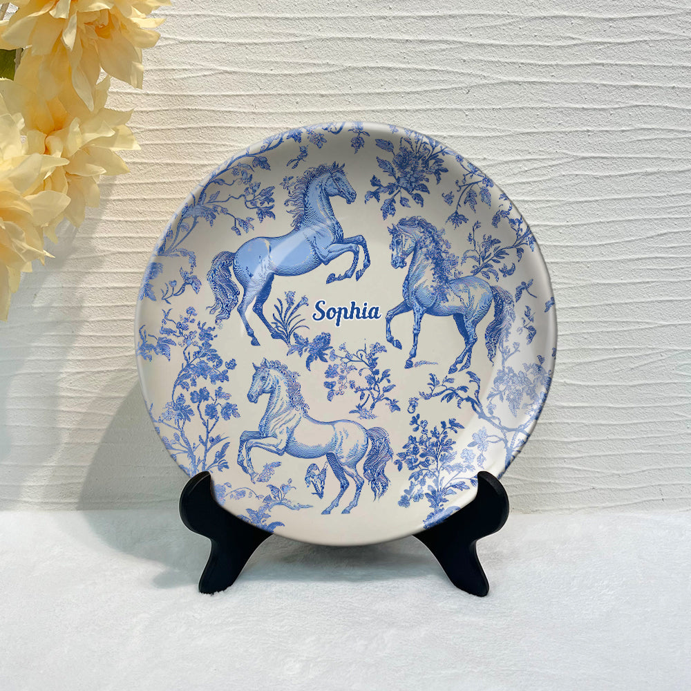 Horse Blue & White Toile de Jouy - Personalized Horse Ceramic Round Plate