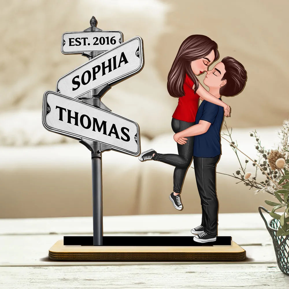 Personalized Street Sign Couple 2-Layer Wooden Plaque for Husband or Wife - Kissing Pose Keepsake, Unique Gift