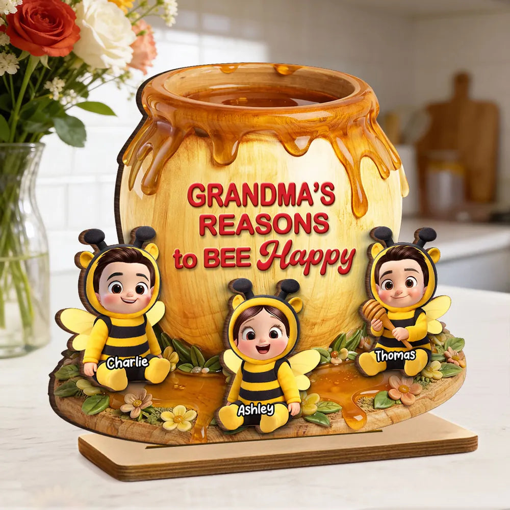 Personalized 2-Layer Wooden Plaque Nana's Reasons to Bee Happy Cute Grandkids Gift for Mom or Grandma Sweet Home Display