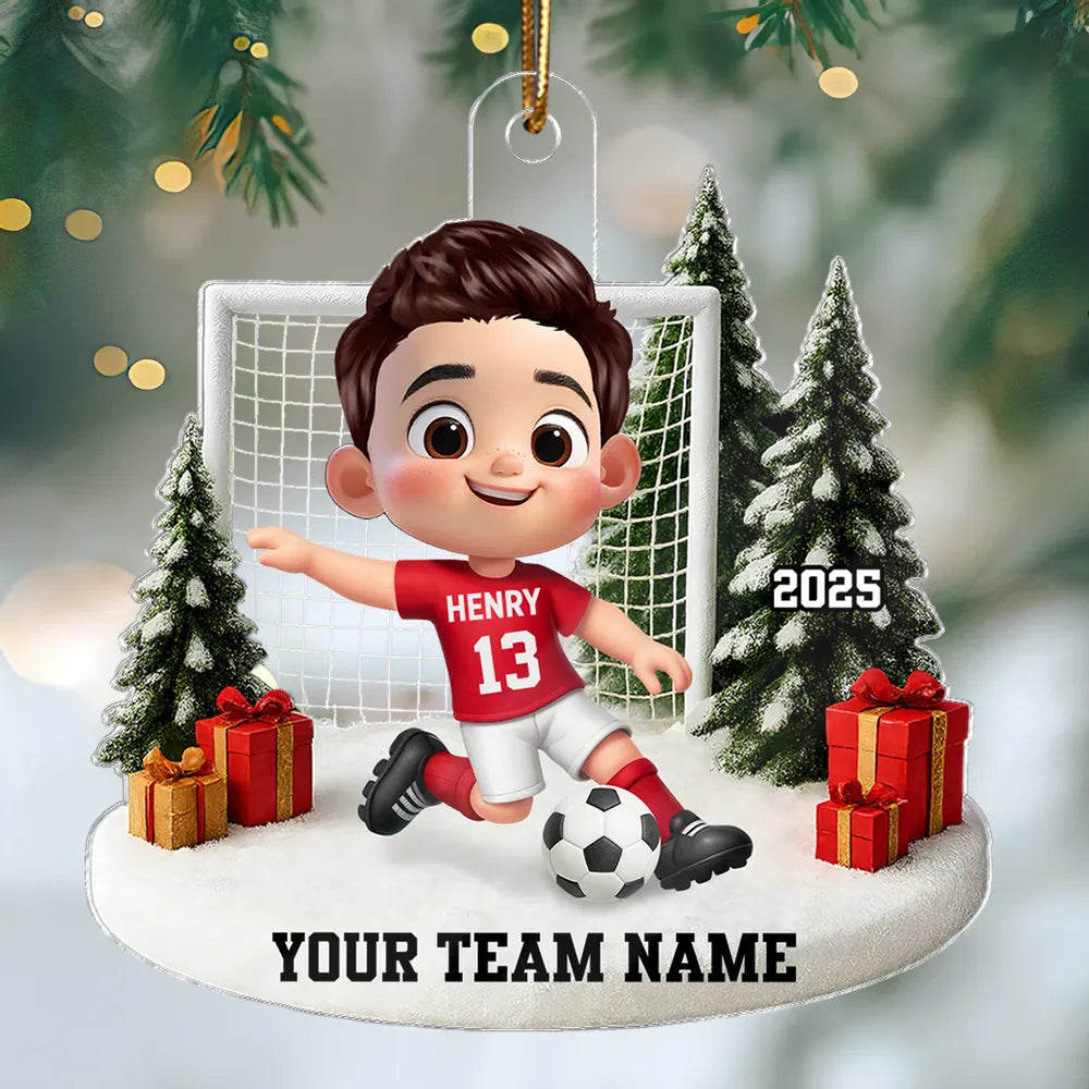 Soccer Kid Acrylic Ornament - Festive Winter Goal Scene, Customizable, Unique Christmas Gift for Young Players & Parents