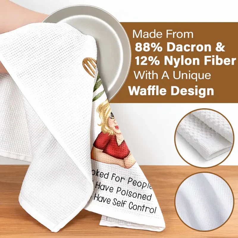 Personalized Kitchen Towel with Funny Cooking Quote and Wine Girl Illustration, Unique Gift for Home Cooks