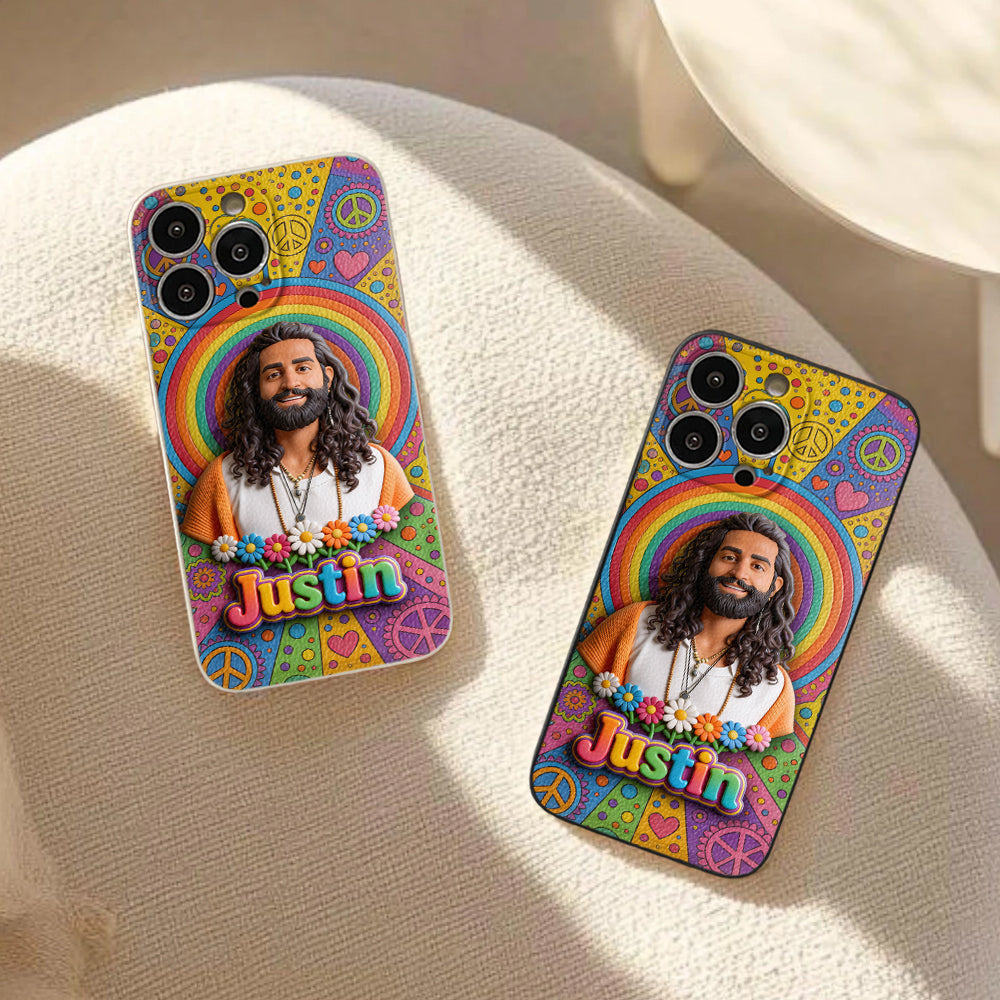 Hippie Theme, Custom From Any Image - Personalized Hippie 3D Embossed Leather Phone Case