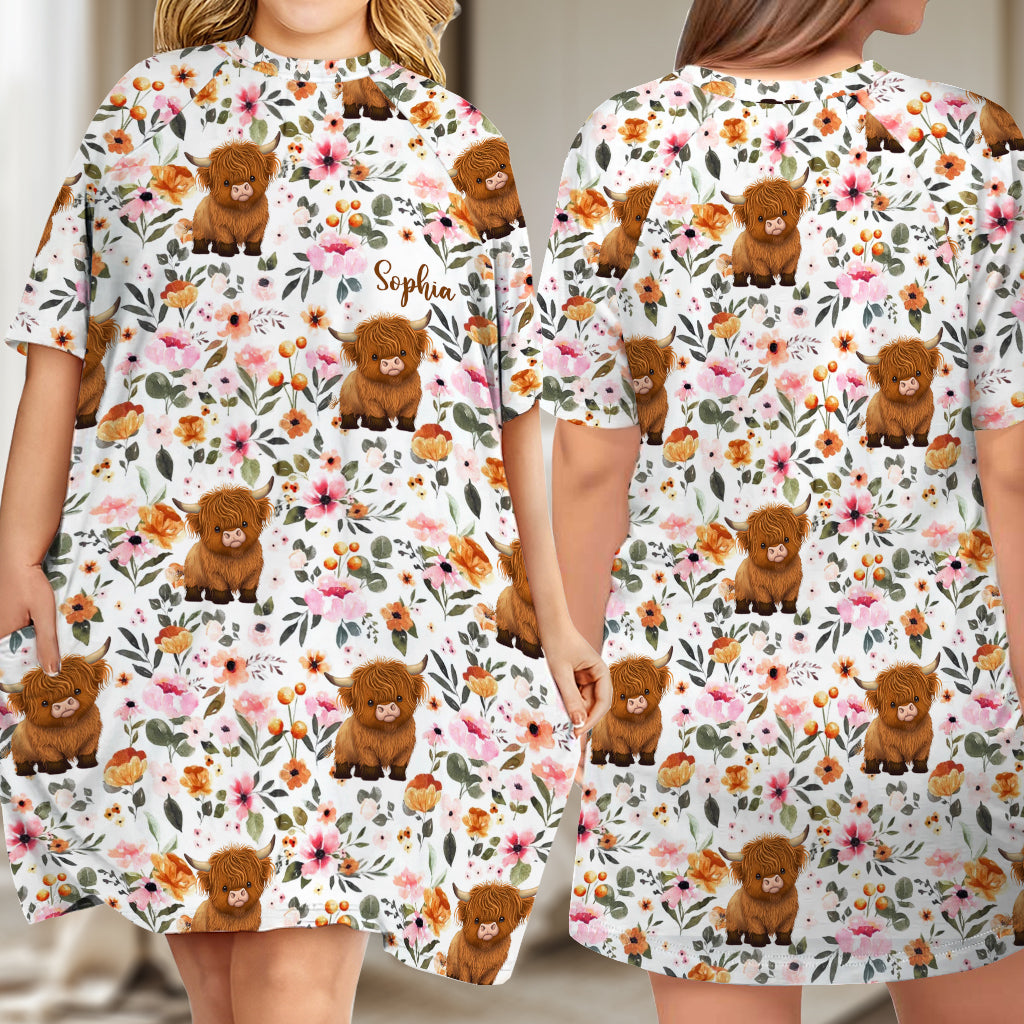 Floral Highland Cow - Personalized Highland Cow Sleep T-shirt Dress
