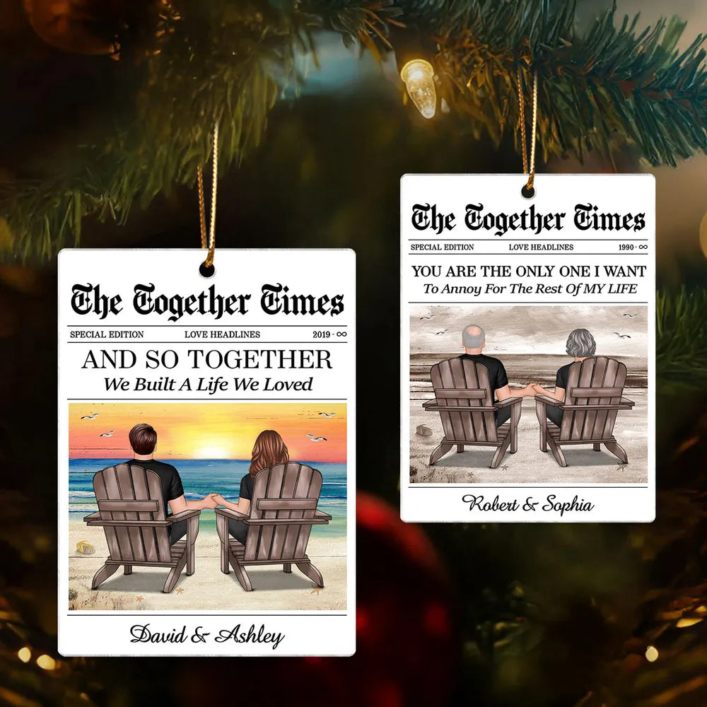 Couples Beach Newspaper-Style Acrylic Ornament – Romantic Custom Keepsake, Perfect Gift for Christmas or Anniversary
