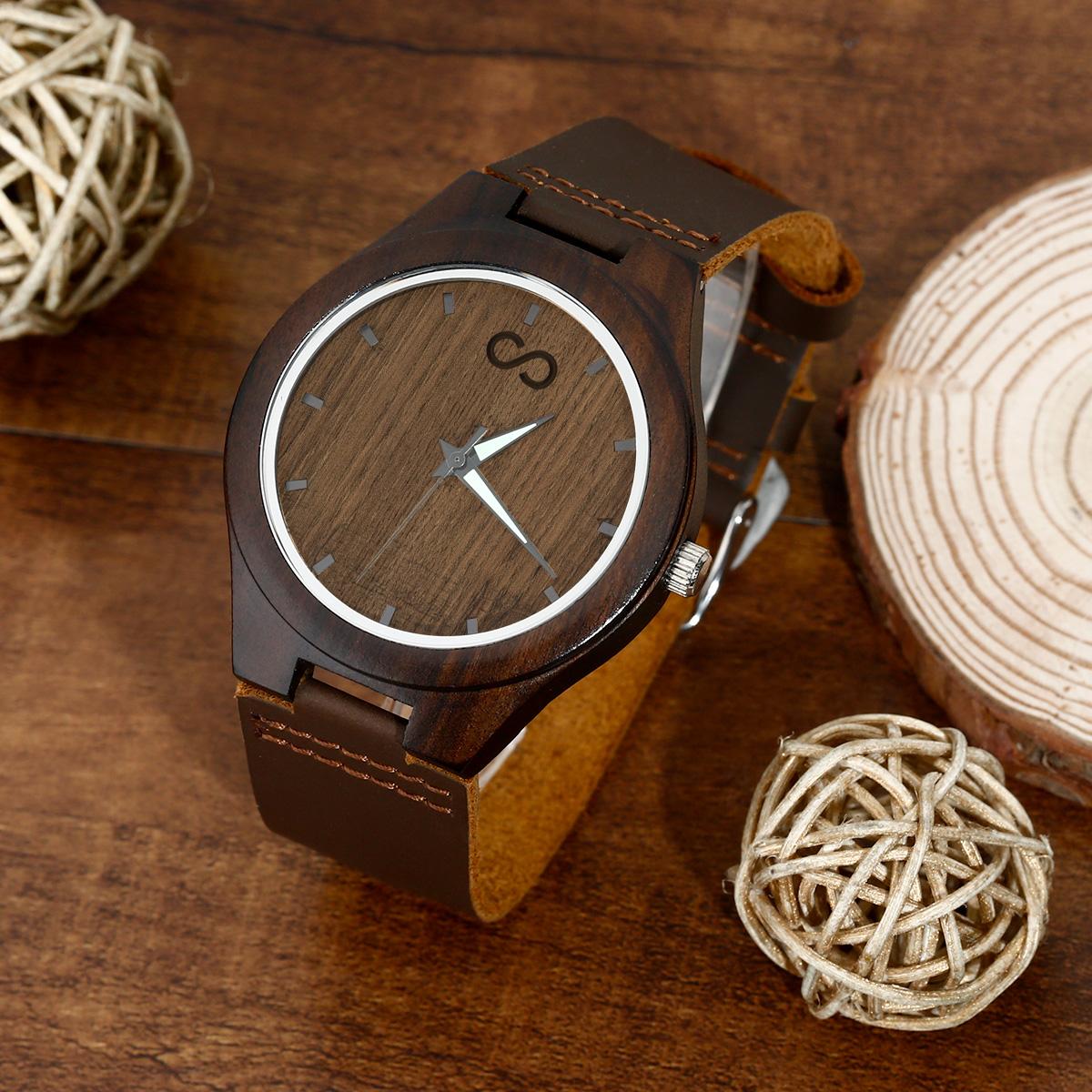 Custom Engraved Wooden WatchLeather Strap - Personalized Watch