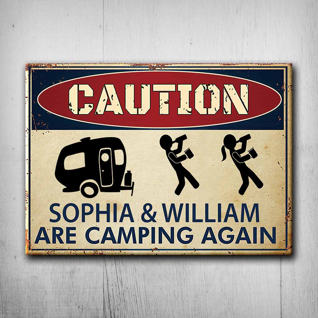 Caution Camping Again - Personalized Rectangle Metal Sign 1121
