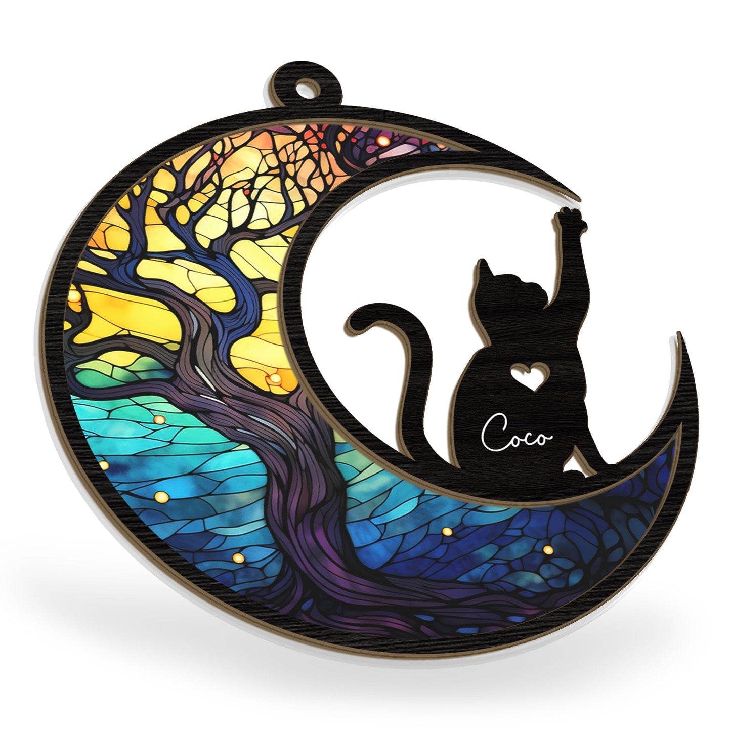 Cat Lover Gift – Layered Wood & Acrylic Ornament with Pet Name and Moon Design