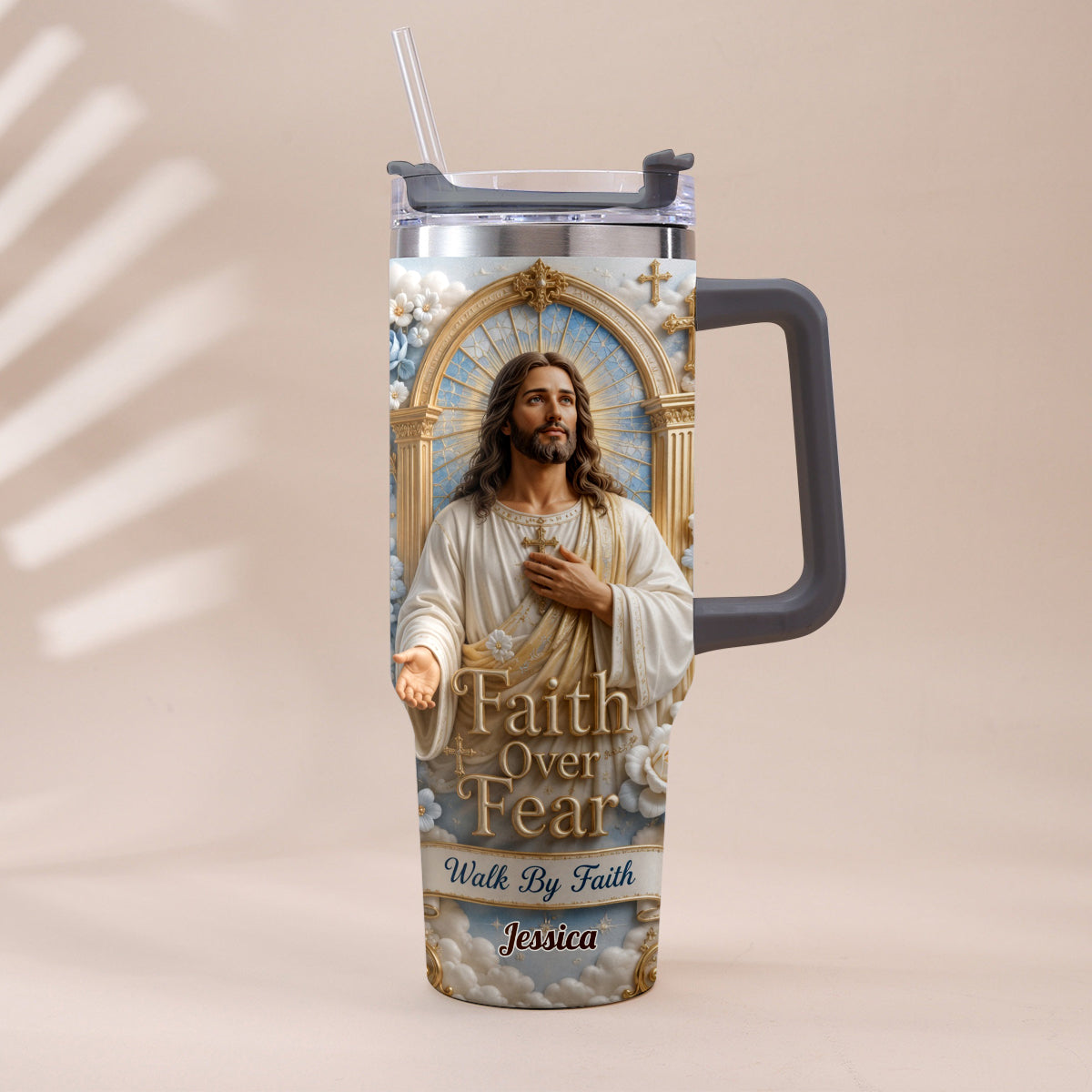 Faith Over Fear - Personalized Christian Tumbler With Plush Charm